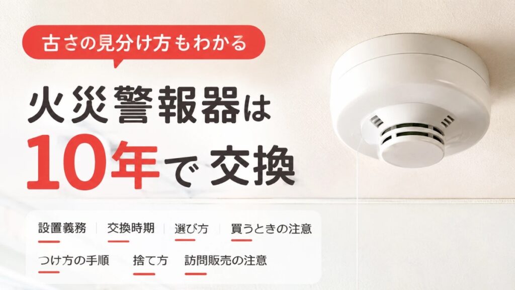 「火災警報器は10年で交換」の文字と、天井に付いた火災警報器の写真風イメージ(AI生成画像)。古さの見分け方、設置義務、交換時期、選び方、買うときの注意、つけ方の手順、捨て方、訪問販売の注意を案内する