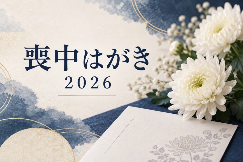 「喪中はがき 2026」と書かれた案内画像。白い菊の花と、藍色の和紙のような背景、白いはがき